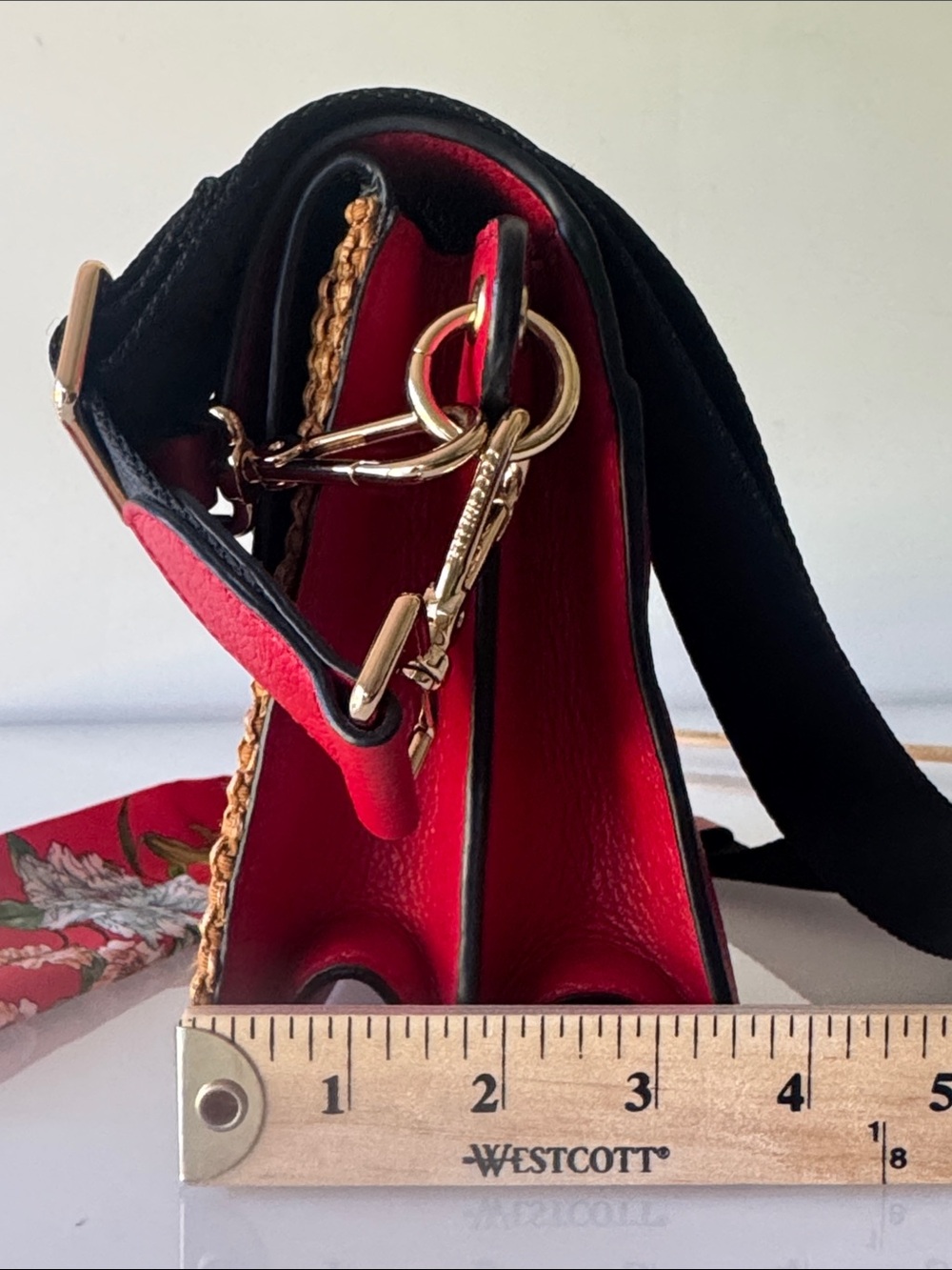 Coccinelle Ambrine Bag Red Leather Rattan with Shoulder Strap and Scarf - Picture 16 of 16
